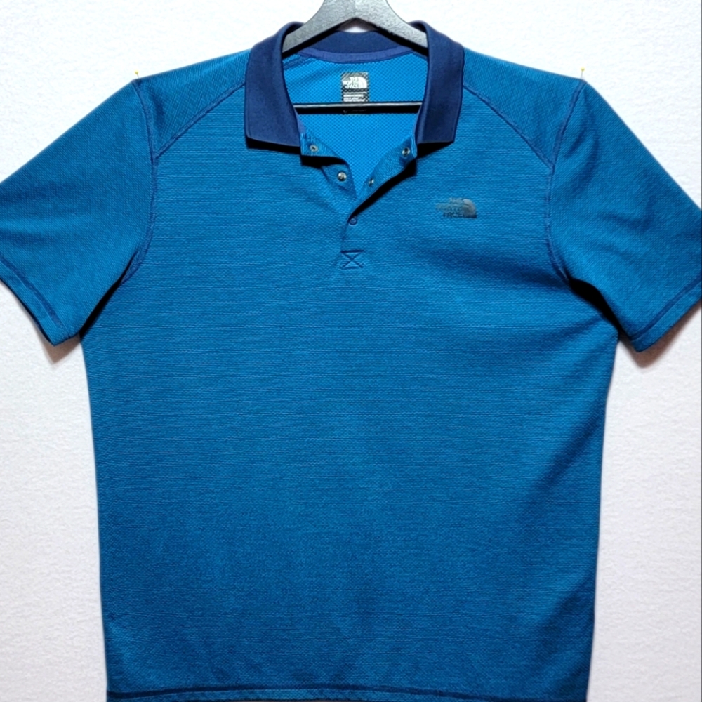 The North Face Short Sleeve Polo Shirt Flash Dry Blue Striped Men's XL. #787